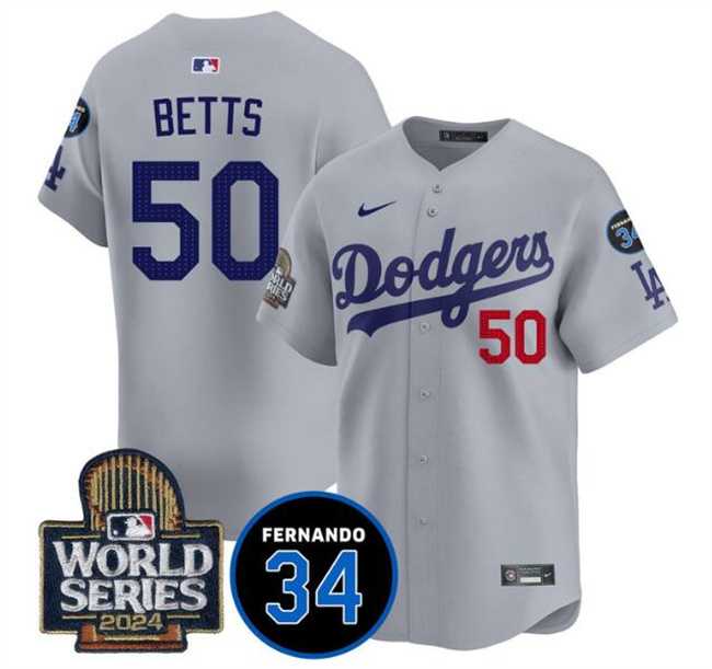 Men%27s Los Angeles Dodgers #50 Mookie Betts Grey 2024 World Series With Fernando Memorial Patch Limited Stitched Jersey Dzhi->los angeles dodgers->MLB Jersey